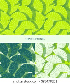 a set of 3 exotic foliage, fan shape seamless patterns, in a fresh green and blue color palette