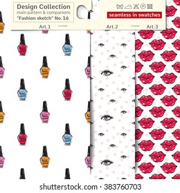 Set of 3 fashion sketch vector seamless patterns: main pattern with varnish and bottle with nailpolish and two companions. Performed as textile sampler on hanger. Seamless patterns in fashion style.