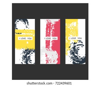 a set of 3 fashionable postcard patterns with the inscription "I Love You" in bright colors. Smears with a brush.