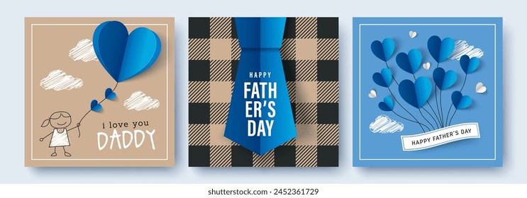 Set of 3 Father's Day greeting cards in modern paper cut style. Vector illustration for cover, poster, banner, flyer and social media.