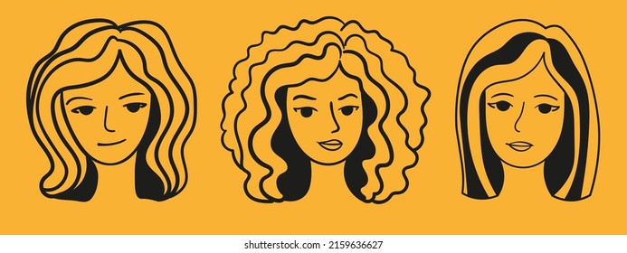 set of 3 female woman faces with different hair wave, curly, straight