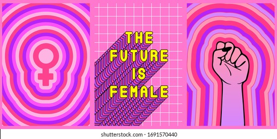 Set of 3 feminist posters "The Future is female", raised fist and Venus symbol. Vector illustrations. Girl power card concepts.	