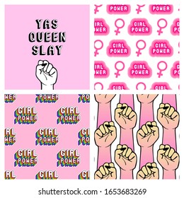 Set of 3 feminist seamless patterns and vector print "Yas Queen Slay". Feminine vector backgrounds with Venus symbols, text patches "Girl magic" and raised fists.