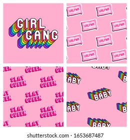 Set of 3 feminist seamless patterns and a posters with a quotes: "Girl Gang". Feminine vector backgrounds.