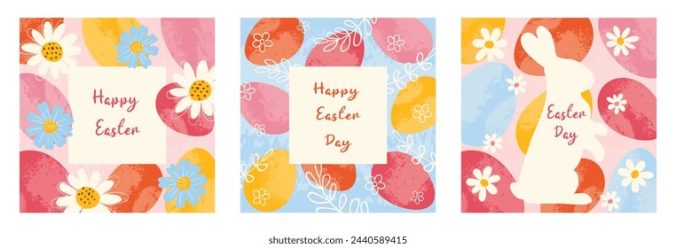 Set 3 festive card with grunge textured eggs, hand drawn flowers, leaves and typography for Happy Easter. Trendy design for poster, banner, invitation, cover.