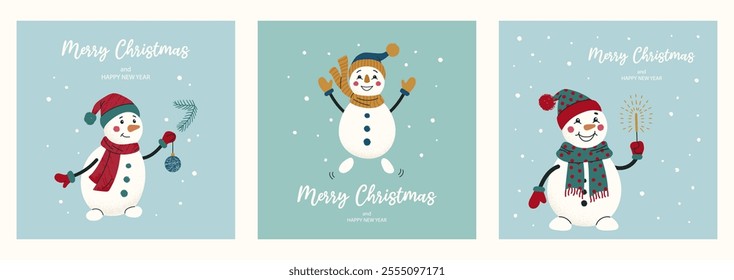 Set 3 festive Christmas cards with cute hand drawn snowmen in various poses. Flat vector illustration with textures on blue and green background. For poster, invitation, social media, cover.