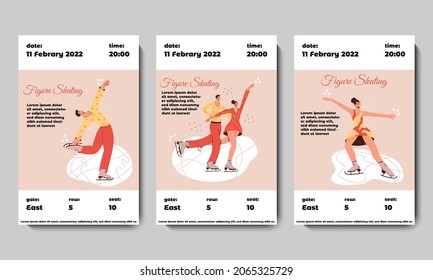 Con 3 boletos de patinaje artístico con patinaje en pareja, hombres y mujeres. Ilustración vectorial plana en colores de moda. Deporte de invierno, bailarina de hielo, campeonato, actividad de competición plantilla de diseño moderno