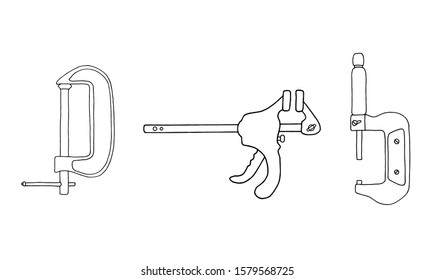 Set of 3 flat and simple icons of tools drawing with black lines on white background. Vector clips tools. Element for your design.