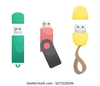 Set of 3 flat vector USB flash drive. Data storage device, computer accessories. Personal data.