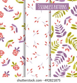 Set of 3 floral backgrounds with abstract branch, berry and flower of wild rose. Texture for textiles, wrapping paper and other surface with autumn or summer objects in vector.  