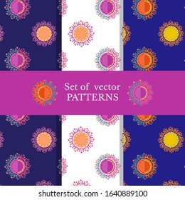 Set of 3 floral decorative patterns. Texture in red, orange and violet colors. Design for fabric, scrapbooking, wallpaper, cover,  web backgrounds, etc.