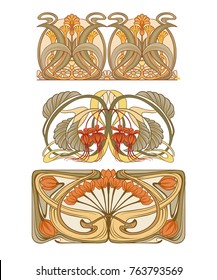 Set of 3 floral ornaments in the style of art nouveau. Vector illustratoin