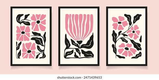 Conjunto de 3 posters florales con flores rosas y hojas negras en estilo Matisse. Plantilla de diseño moderno para decoración de interiores, Anuncio, cubierta, impresión, postal.