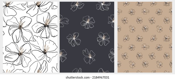 Set of 3 Floral Seamless Vector Patterns. Irregular Hand Drawn Abstract Garden Print with Sketched Flowers isolated on a White, Black and Gold Background.Elegant Floral Repeatable Design ideal Fabric.