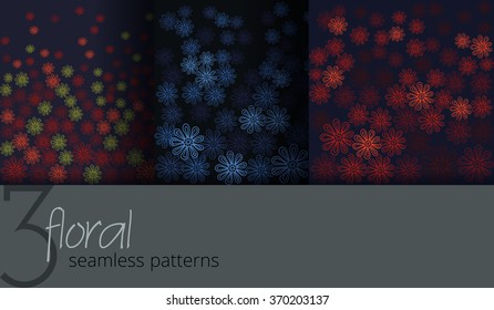 Set of 3 floral vector seamless patterns on a dark background.