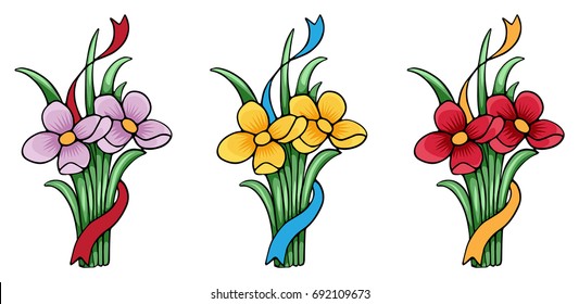 Set of 3 flower bouquets, with a ribbon, abstract, isolated on white, vector illustration