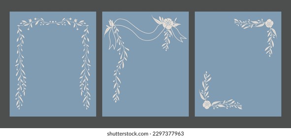 Set of 3 flower and leaf frame decoration. Botanical wreath, border, garland illustration.