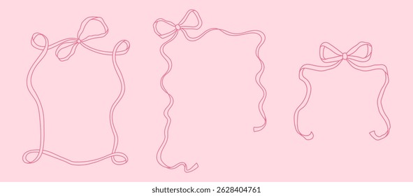 Set of 3 Frames of coquette pretty charming pink bows. Hand drawn trendy ribbons border. Vintage bowknots frame for greeting cards, wedding, invitations, social media