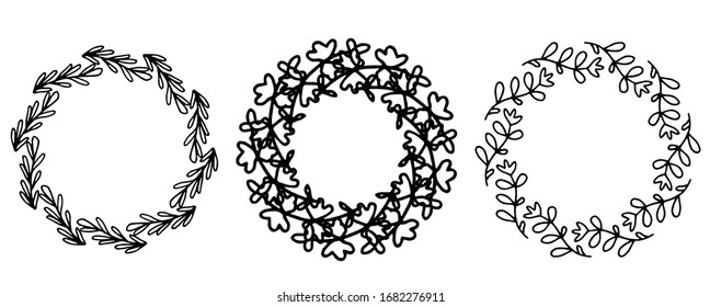 Set of 3 frames with floral elements. Rustic. Hand drawn simple line. Black stroke. Isolated on white background. Elegant and noble. Best for wedding design. Invitation. Copy space.vector illustration