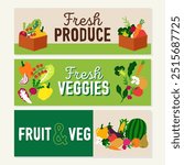 A set of 3 fresh produce and fresh vegetable banners. Hand-made original vector illustrations, perfect to be printed at any size, also good for digital.