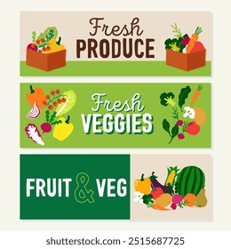 A set of 3 fresh produce and fresh vegetable banners. Hand-made original vector illustrations, perfect to be printed at any size, also good for digital.