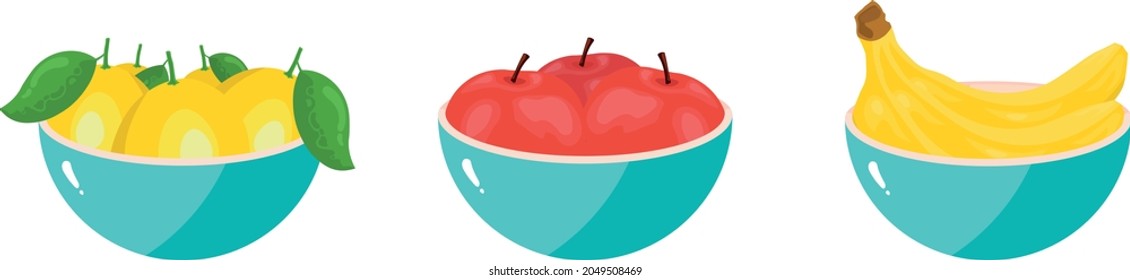 set of 3 fruit bowls on white background isolated (apple, banana, peach, pear, grape)