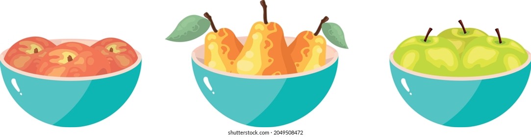set of 3 fruit bowls on white background isolated (apple, banana, peach, pear, grape)