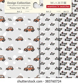 Set of 3 funny kids wheel transport vector seamless patterns: main pattern with car or auto and two companions. Performed as textile sampler on hanger. Seamless patterns background in kids style.