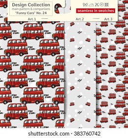 Set of 3 funny kids wheel transport vector seamless patterns: main pattern with red London bus and two companions. Performed as textile sampler on hanger. Seamless patterns background in kids style.