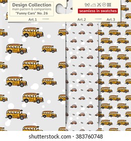 Set of 3 funny kids wheel transport vector seamless patterns: main pattern with yellow school bus and two companions. Performed as textile sampler on hanger. Seamless patterns background in kids style