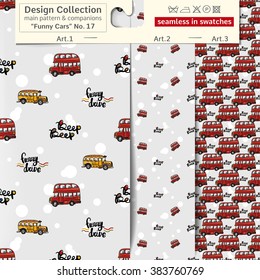 Set of 3 funny kids wheel transport vector seamless patterns: main pattern with bus and two companions. Performed as textile sampler on hanger. Seamless patterns background in kids style.