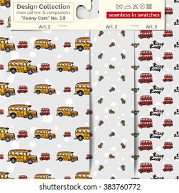 Set of 3 funny kids wheel transport vector seamless patterns: main pattern with buses and two companions. Performed as textile sampler on hanger. Seamless patterns background in kids style.