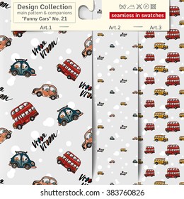 Set of 3 funny kids wheel transport vector seamless patterns: main pattern with buses and cars and two companions. Performed as textile sampler on hanger. Seamless patterns background in kids style.