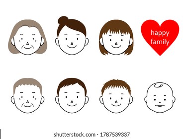 Set of 3 generation family face illustrations (mom, dad, grandmother, grandfather, girl, boy, baby)