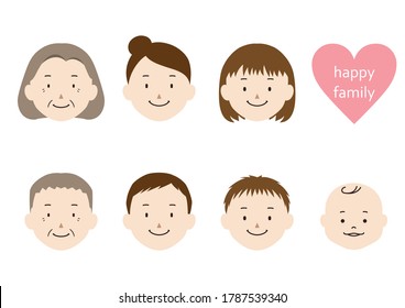 Set of 3 generation family face illustrations (mom, dad, grandmother, grandfather, girl, boy, baby)