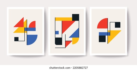 Set of 3 geometric 20s  design posters, minimal vector template with primitive shapes triangle, circle and square, modern hipster style
