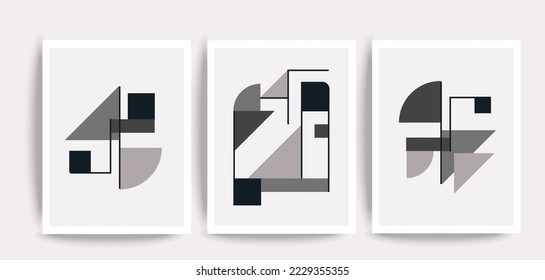 Set of 3 geometric black and white 20s design posters, minimal vector template with primitive shapes triangle, circle and square, modern hipster style
