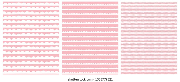 Set of 3 Geometric Seamless Irregular Vector Patterns with Hand Drawn Abstract Waves Design. Funny Pink and White Infantile Waves Illustration. Cute Pastel Colors Nursery Art. Pink Background.