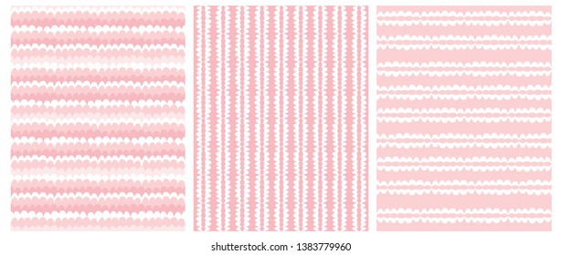 Set of 3 Geometric Seamless Irregular Vector Patterns with Hand Drawn Abstract Waves and Lines Design. Funny Pink and White Infantile Waves Illustration. Cute Pastel Colors Stripes. Pink Background.