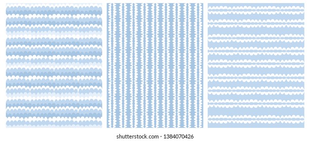 Set of 3 Geometric Seamless Irregular Vector Patterns with Hand Drawn Abstract Waves and Lines Design. Funny Blue and White Infantile Waves Illustration. Cute Pastel Colors Stripes. Blue Background.
