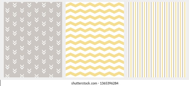 Set of 3 Geometric Seamless Vector Patterns. Yellow Chevron on a White Background. Gray and Yellow Tiny Stripes on a White Layout. White Abstract Arrows on a Gray. Simple Marine Style Decoration Set.