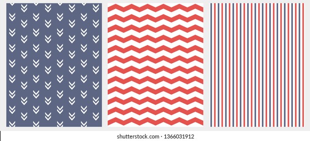 Set of 3 Geometric Seamless Vector Patterns. Red Chevron on a White Background. Red and Blue Tiny Stripes on a White Layout. White Abstract Arrows on a Dark Blue. Simple Marine Style Decoration Set.