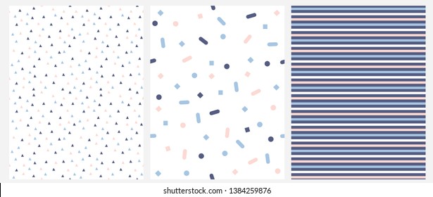 Set of 3 Geometric Seamless Vector Pattern with Stripes, Triangles and Dots. Pink, White and Gray Lines Isolated on a Blue Background.Simple Lovely Confetti Rain on a Blue.Tiny Triangles on a White.