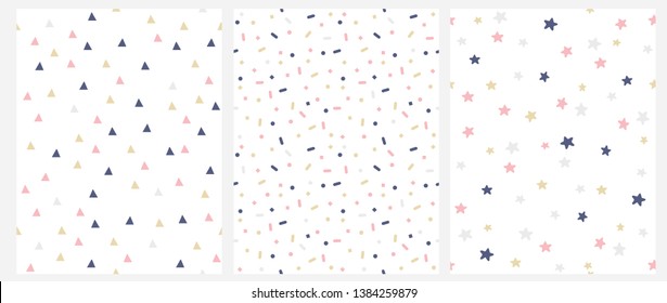 Set of 3 Geometric Seamless Vector Pattern with Pink, Gold and Gray Dots, Triangles, Stars Isolated on a White Background. Simple Lovely Confetti Rain. Brihgt Starry Layout. Cute Doted Vector Design.