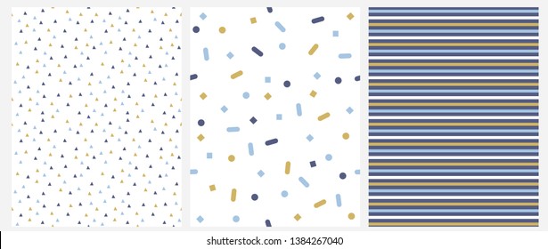Set of 3 Geometric Seamless Vector Pattern with Stripes, Triangles and Dots. Blue, White and Gold Lines Isolated on a Blue Background.Simple Lovely Confetti Rain on a Blue.Tiny Triangles on a White.