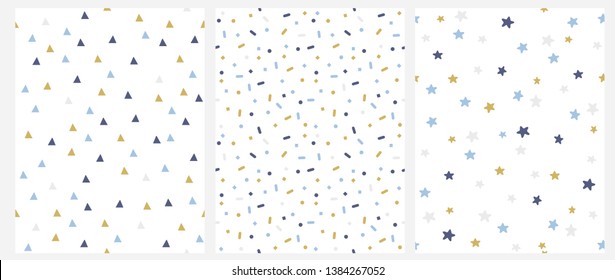 Set of 3 Geometric Seamless Vector Pattern with Blue, Gold and Gray Dots, Triangles, Stars Isolated on a White Background. Simple Lovely Confetti Rain. Brihgt Starry Layout. Cute Doted Vector Design.