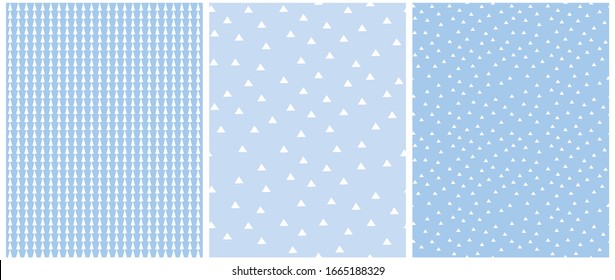 Set of 3 Geometric Seamless Vector Pattern with White Triangles and Grid Isolated on a Light Blue Background. Simple Lovely Confetti Rain of Trangle Shape. Cute Checkered Vector Print.