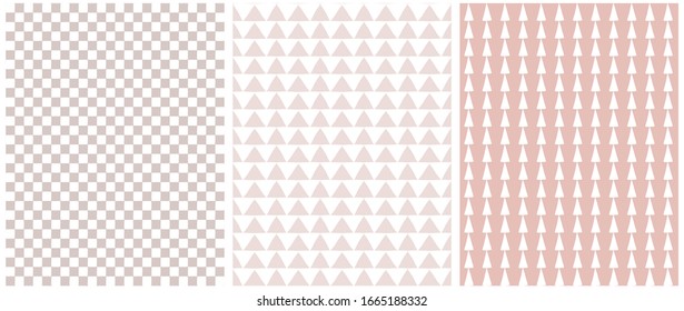 Set of 3 Geometric Seamless Vector Pattern with White Triangles and Grid Isolated on a Light Blush Pink Background. Simple Triangle Ornament. Cute Checkered Vector Print.