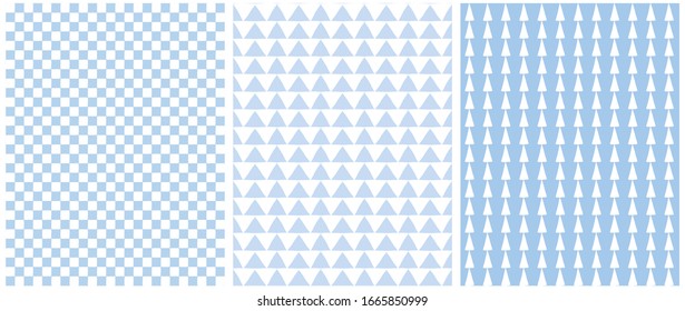 Conjunto de 3 patrones vectoriales geométricos sin soldadura con triángulos blancos y rejilla aislada en un fondo azul claro. Ornamento simple triángulo. Impresión de vectores con control de corte.