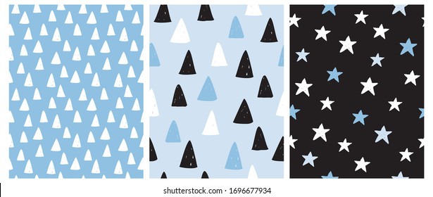 Set of 3 Geometric Seamless Vector Pattern with White, Black and Blue Triangles Isolated on a Blue Background. Simple Starry Sky Print. Abstract Infantile Style Repeatable Design.